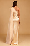 Champagne Mermaid Satin One Shoulder Ruched Long Formal Dress with Slit