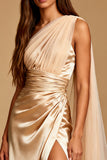 Champagne Mermaid Satin One Shoulder Ruched Long Formal Dress with Slit