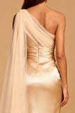 Champagne Mermaid Satin One Shoulder Ruched Long Formal Dress with Slit
