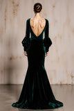 Dark Green Velvet Mermaid V-Neck Long Sleeves Holiday Party Dress