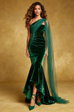 Dark Green Mermaid Velvet Ruffled Long Holiday Party Dress with Cape
