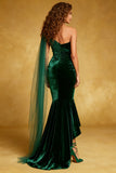 Dark Green Mermaid Velvet Ruffled Long Holiday Party Dress with Cape