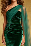Dark Green Mermaid Velvet Ruffled Long Holiday Party Dress with Cape