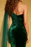 Dark Green Mermaid Velvet Ruffled Long Holiday Party Dress with Cape
