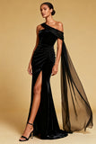 Black Mermaid One Shoulder Maxi Formal Dress with Slit
