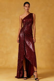 Sparkly Burgundy Ruched Sequin High-Low Formal Dress