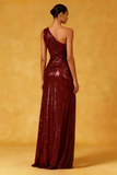 Sparkly Burgundy Ruched Sequin High-Low Formal Dress