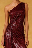 Sparkly Burgundy Ruched Sequin High-Low Formal Dress