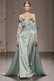 Mint Green Satin Off the Shoulder Maxi Formal Dress with Sleeves