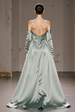 Mint Green Satin Off the Shoulder Maxi Formal Dress with Sleeves