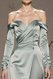 Mint Green Satin Off the Shoulder Maxi Formal Dress with Sleeves
