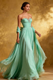 Sparkly Mint Green Chiffon Strapless Maxi Formal Dress with Shawl