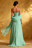 Sparkly Mint Green Chiffon Strapless Maxi Formal Dress with Shawl