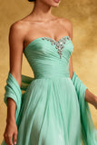 Sparkly Mint Green Chiffon Strapless Maxi Formal Dress with Shawl