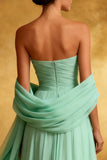 Sparkly Mint Green Chiffon Strapless Maxi Formal Dress with Shawl