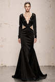 Black V-Neck Mermaid Long Formal Dress with Lace
