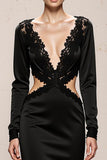 Black V-Neck Mermaid Long Formal Dress with Lace