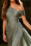 Dusty Sage Ruched Chiffon Long Formal Dress with Side Cape