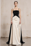 Black and White Spaghetti Straps Long Satin Formal Dress