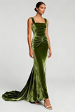 Simple Olive Velvet Mermaid Long Formal Dress