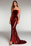 Sparkly Burgundy Sequin Strapless Long Formal Dress