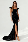 Simple Black Mermaid Ruched Maxi Formal Dress with Slit