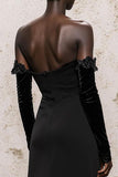 Black Velvet Long Sleeves Sheath Holiday Party Dress with Lace