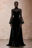 Black Velvet Sheath High Neck Maxi Holiday Party Dress with Lace