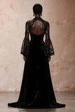 Black Velvet Sheath High Neck Maxi Holiday Party Dress with Lace