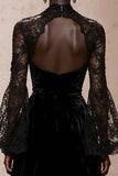 Black Velvet Sheath High Neck Maxi Holiday Party Dress with Lace