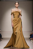 Yellow Satin Mermaid Off the Shoulder Maxi Formal Dress
