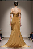 Yellow Satin Mermaid Off the Shoulder Maxi Formal Dress