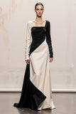 Black and White Satin Square Neck Long Sleeves Formal Dress