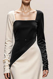 Black and White Satin Square Neck Long Sleeves Formal Dress
