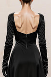 Black and White Satin Square Neck Long Sleeves Formal Dress