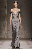 Silver Satin Mermaid Off the Shoulder Maxi Formal Dress