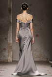 Silver Satin Mermaid Off the Shoulder Maxi Formal Dress