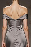 Silver Satin Mermaid Off the Shoulder Maxi Formal Dress