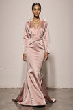 Light Pink Satin Mermaid V-Neck Backless Maxi Formal Dress