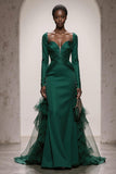 Dark Green Mermaid Satin Sweetheart Maxi Formal Dress with Ruffles