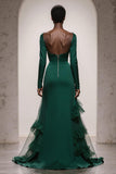 Dark Green Mermaid Satin Sweetheart Maxi Formal Dress with Ruffles