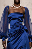 Royal Blue Satin Mermaid Ruched Long Sleeves Formal Dress with Sash