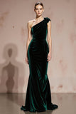 Dark Green Mermaid One Shoulder Long Velvet Holiday Party Dress with 3D Flower