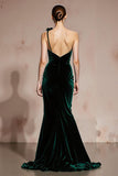 Dark Green Mermaid One Shoulder Long Velvet Holiday Party Dress with 3D Flower