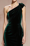 Dark Green Mermaid One Shoulder Long Velvet Holiday Party Dress with 3D Flower