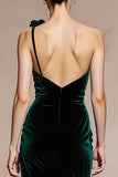 Dark Green Mermaid One Shoulder Long Velvet Holiday Party Dress with 3D Flower
