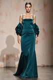 Peacock Blue Spaghetti Straps Satin Mermaid Maxi Formal Dress with Sleeves