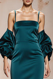 Peacock Blue Spaghetti Straps Satin Mermaid Maxi Formal Dress with Sleeves