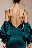 Peacock Blue Spaghetti Straps Satin Mermaid Maxi Formal Dress with Sleeves