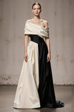 Black and White Patchwork Satin A Line Off the Shoulder Long Formal Dress